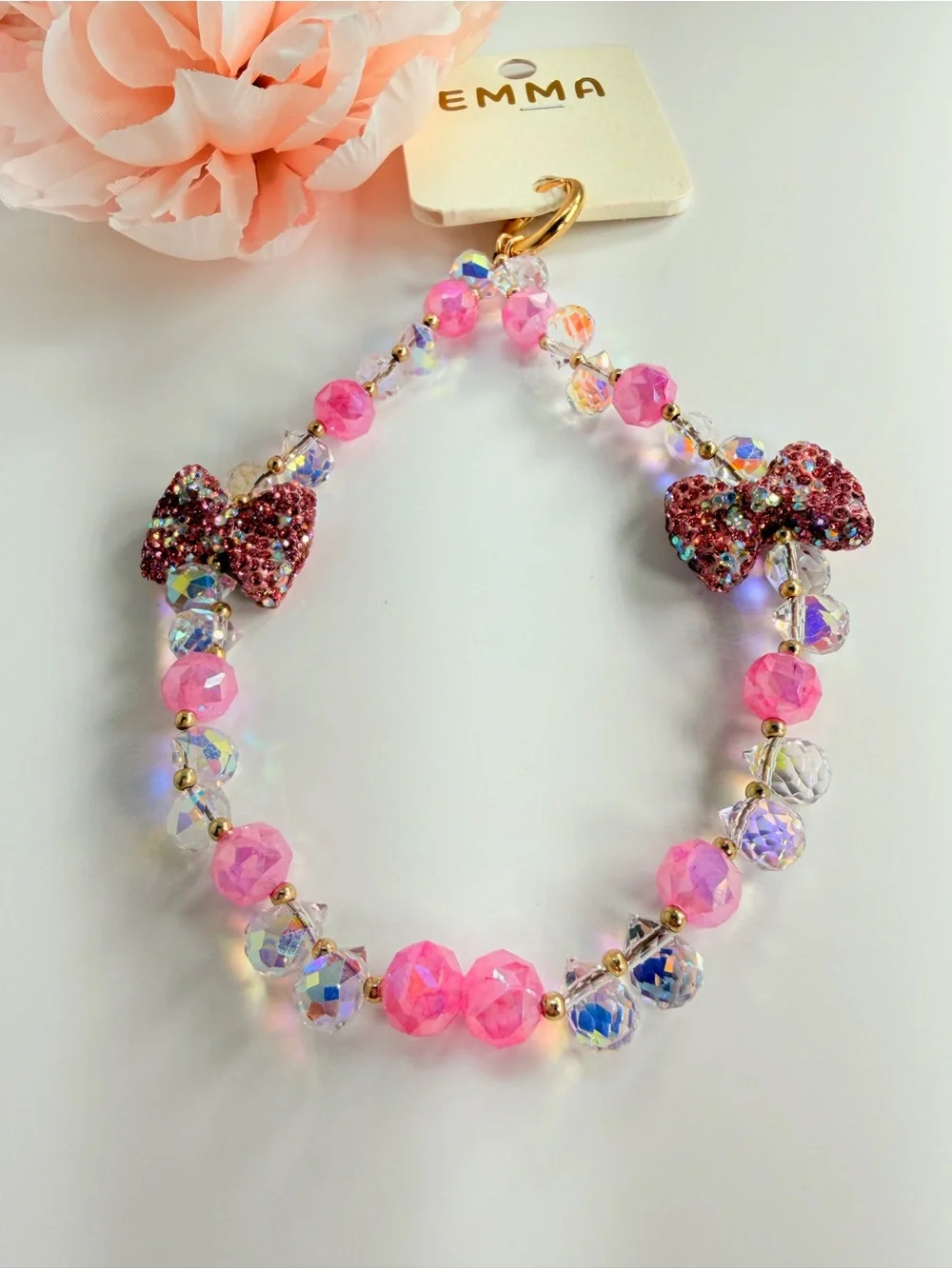 Emma Pink Beaded crystal Bow phone Keychain